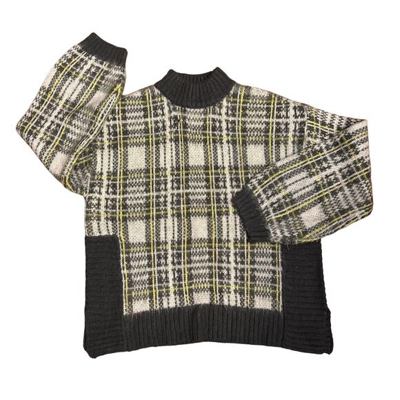 Nine west fuzzy, mock turtleneck sweater in yellow & gray plaid size large - Picture 2 of 11